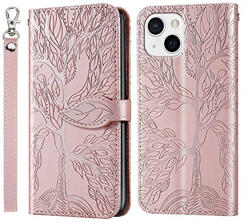 Rostsant Mobile Phone Case for iPhone 13 Mini Embossed Tree PU Leather Wallet Case Cover for iPhone 13 Mini - Rose Gold