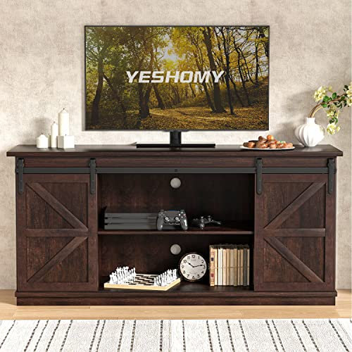 YESHOMY Farmhouse TV Stand for Televisions up to 65+ Inch with Sliding Barn Doors and Storage Cabinets, Entertainment Center Console Table, Media Furniture for Living Room, 58 Inch, Espresso