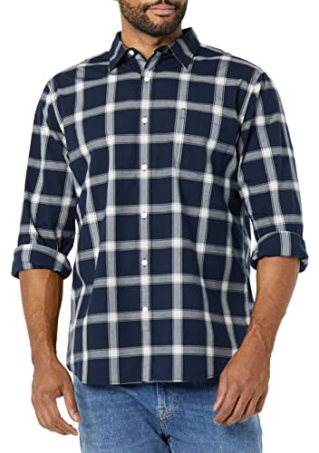 Amazon Essentials Chemise en Popeline Extensible À Manches Longues Et Coupe Ajustée Homme, Bleu Marine Blanc Carreaux Lainés, L