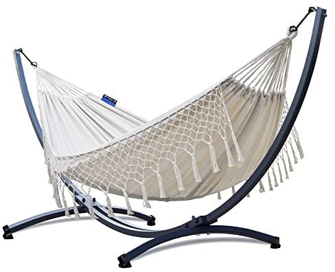 Potenza Outdoor Hängematte mit Gestell für 2 Personen I Baumwolle Doppelhängematte XXL 220x160, 200kg I Hängemattengestell 220kg, wetterfest (Santia-Ecru, Basic Gestell Graphit)