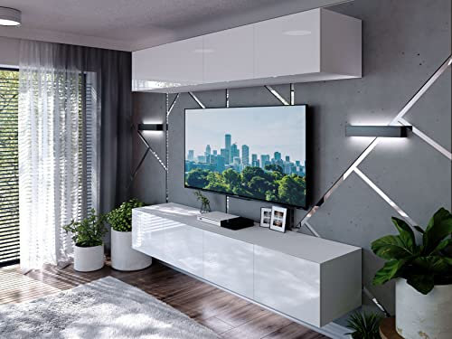 Domando Wohnwand Imperia M1 Modern für Wohnzimmer Breite 200cm, variabel hängbar, Push-to-Open-System, Hochglanz in Weiß Matt und Weiß Hochglanz