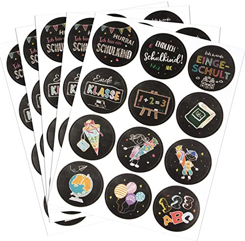 60 Pcs Sticker Einschulung Aufkleber Endlich Schulkind Selbstklebend Etiketten Schulanfang Schuleinführung Einschulung Deko zum Schultüte Basteln Kinder Junge Mädchen Geschenke Rund Tafel-Stil