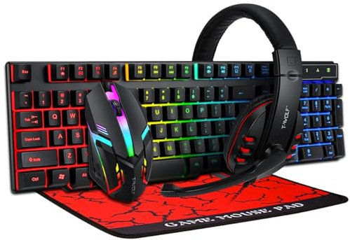 Daoco Set gaming TF800 Tastiera combinata da 4 pezzi, con 104 tasti, mouse a 4 colori, cuffie da gioco da 3,5 mm, tappetino per mouse antiscivolo