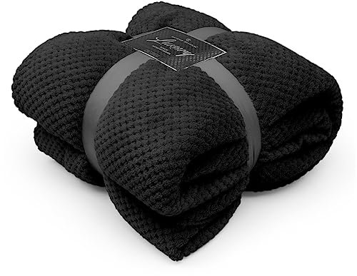 GC GAVENO CAVAILIA Waffle Fleece Throw, Honeycomb Pattern Soft Thermal Blanket, Popcorn Teddy Sofa Bedspread, 130x150 cm, Black