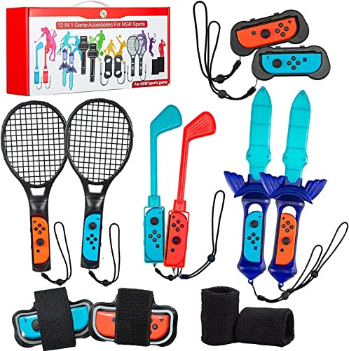 VoSinrly 2022 Switch Sports Accessories Bundle - Kit di accessori per famiglie 12 in 1 per Nintendo Switch: impugnature per controller, racchette da tennis, mazze da golf, cinturini per polsi e gambe