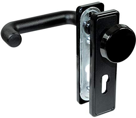 SN-TEC Stahltür FH Tür Beschlag für Feuerschutztüren, Drücker/Knauf, rund/eckig, Kunststoff schwarz nach DIN 18273 FS (Wechselgarnitur (einseitig feststehender Knauf), Schildform: Eckig)