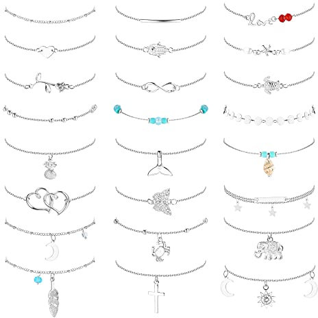 Dochais 15-24 Stück Glänzende Silber Fußkettchen mit Strass Wasserdicht Boho Verstellbare Sommer Fußkettchen Damen Fußkette Vintage Perlen Fussketten, 21cm (24 Stück)