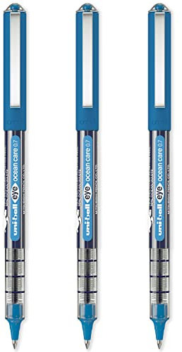 uni-ball Eye Ocean Care UB-157ROP Tintenroller, feine 0,7 mm Kugelschreiber, zum Schreiben, Zeichnen, Kunst, Handwerk und Ausmalen, licht- und wasserabweisend, 3 Stück, blaue Tinte