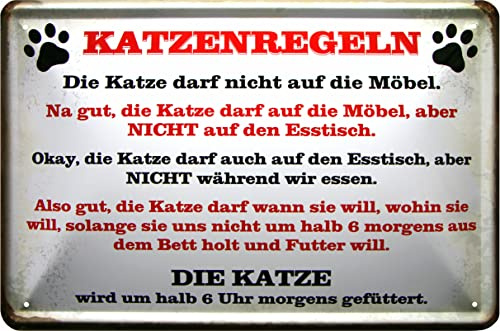 WOGEKA ART Retro Blechschilder - KATZENREGELN - Lustiger Spruch als Geschenk-Idee für alle Katzen-Freunde zu Geburtstag Weihnachten zur Deko 20x30 cm Vintage Metall-Schild 1013