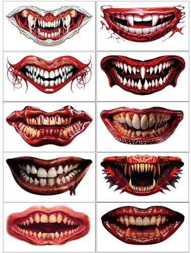 Halloween Tattoo, 10 Blatt Skull Mund Gesichts Aufkleber Temporäre Tattoos, Schaurig Blutig Zombie Vampir Tattoo für Männer Damen Tag der Toten Halloween Karneval Kostüm Makeup Party Cosplay