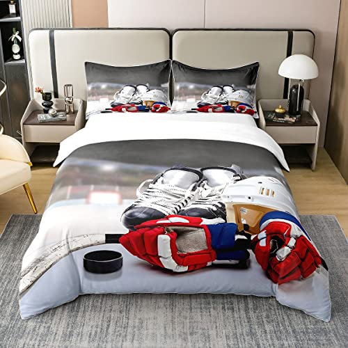 Eishockey 100% Gewaschene Baumwolle Bettbezug 155x220 Hockey Spieler Bettwäsche Set für Jungen Mädchen Sport Spiel Tröster Abdeckung Weiche Mikrofaser Wintersport Schlafzimmer Dekor,Reißverschluss