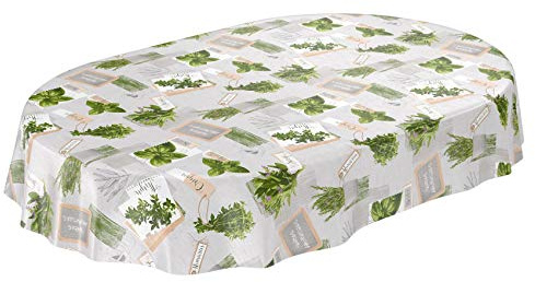 Tischdecke Wachstuchtischdecke Wachstuch Wachstischdecke pflegeleicht abwaschbar Kräuter Grün Beige Bio Basilikum Oval 140 x 220cm