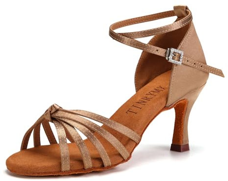 TINRYMX Latein Tanzschuhe Damen Satin Prom Salsa Standard Profi Tanzschuhe,801-Beige-7cm,38 EU