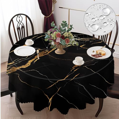 Tischdecke Outdoor Tischdecke Rechteckig Abwaschbar Gartentischdecke Tischdecken Fleckschutz Wasserdicht Tischtuch für Küche, Garten, Partys und Abendessen (Schwarz marmoriert, Rund 150cm)