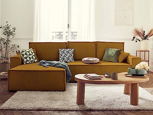 Dellia – Ecksofa beidseitig montierbar mit Schlaffunktion – mit Bettkasten – aus Cord – 4-Sitzer Gelb