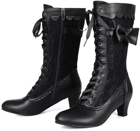 Voviggiw Stivali vittoriani vintage da donna Stivali da nonna al polpaccio con cerniera Costume rinascimentale Scarpe con tacco medio Abito da sposa Stivali con fiocchi Marchio nero Taglia 41