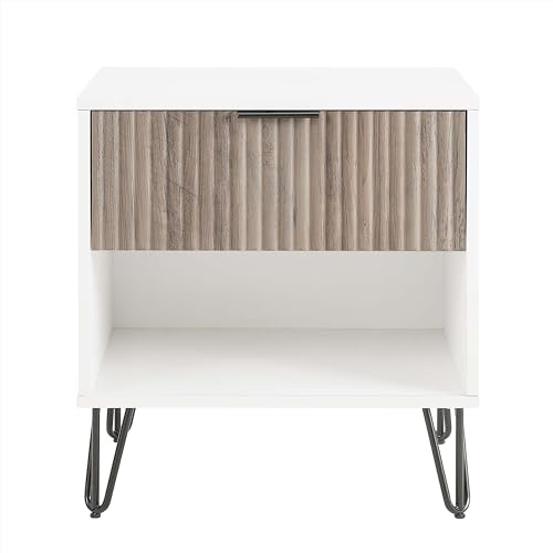 Manhattan Comfort Dumbo Fluted Nightstand with Drawer and Open Shelf, Gold Hairpin Legs and Metal Handle, Snap Tool-Free Assembly, Bedside Accent Table for Bedroom, Living Room in White & Rustic Grey