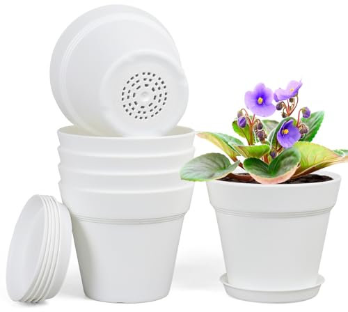 Homeuouz Lot de 6 pots de fleurs avec soucoupe, 15,2 cm, en plastique, avec plusieurs trous de drainage, pot hydroponique, idéal pour l'intérieur et les jardins de balcon, blanc
