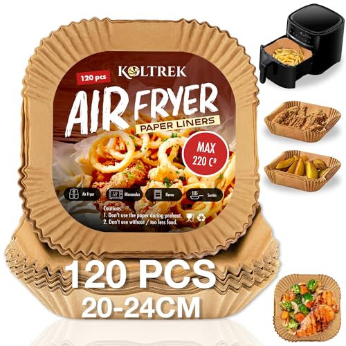 Koltrek® - 120 Piezas Papel Freidora Aire - 20-24CM - Papel Air Fryer Cuadrado - Extra Grueso - Vegetal Desechable - Accesorios para freidora de aire