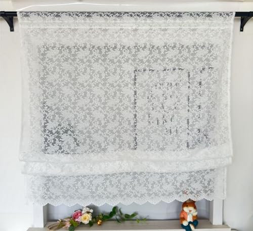 Vordesack Jacquard Raffrollo mit Blumen Muster Landhausstil weiße Spitzenoptik mit gebogten Abschluss Raffgardine mit Stangendurchzug 1 Stück HxB 140x140cm