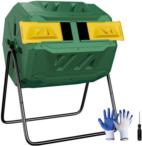 F2C Compostiera per compostaggio da esterno a doppia camera, 100 litri, senza BPA, grande, con porta scorrevole e struttura in acciaio massiccio, colore verde