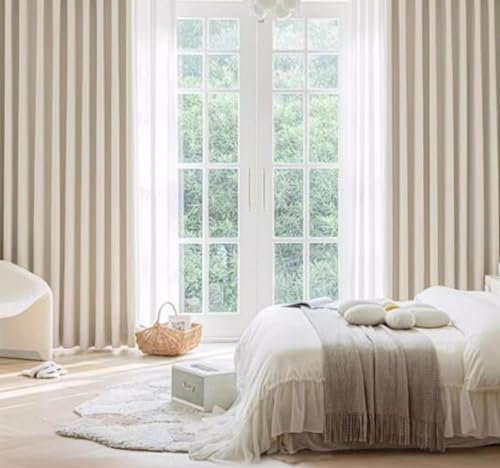 KnSam 2er Set Beige Weiß Vorhänge Wohnzimmer Deko, Vorhang Gardinen Kinderzimmer Einfarbig, Chenille Ösen Verdunklungsvorhänge Kinder Vorhang Blickdicht Muster, Jeder B 137 x H 160cm