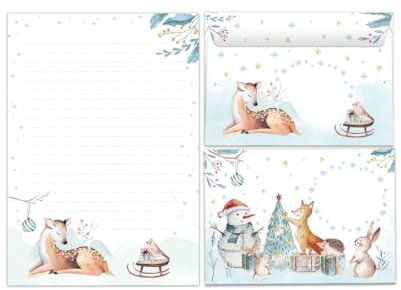 Briefpapier Set Weihnachten Weihnachtsmotiv Reh Blöcke Umschläge Kindermotiv für Jungen Mädchen Weihnachtsbriefpapier (Block A5 mit 25 Blätter + 15 Umschläge)