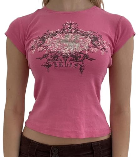 Geagodelia Damen T-Shirt Gothic Baby Tees Crop Top Kurzarm Aufdruck Tshirt Sommer Elegant Oberteil Outfit Y2k Aesthetic Grunge Clothes Streetwear (A - Rosa, S)