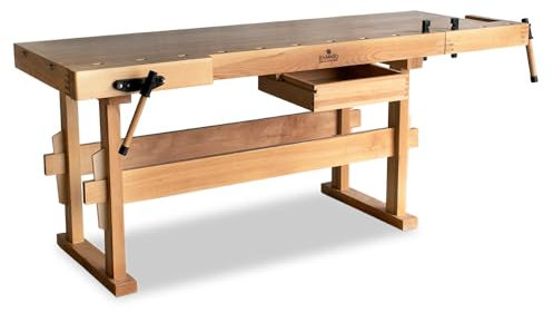 BAMATO Hobelbank WORK-2100 aus Massivholz | Buchenholz | Arbeitshöhe 82,5cm | 2X Spannzange | Geräumiger Schubkasten | Werkbank Werkzeugbank Holzwerkbank