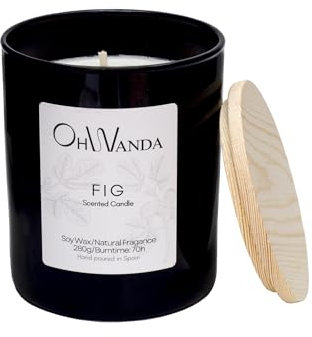 OHWANDA Candela profumata grande di fichi – Candela naturale di cera di soia | 280 g | 70 ore di combustione | Bicchiere nero con coperchio in legno | Candela profumata per aromaterapia e regalo |