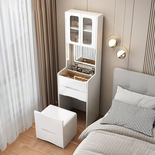 3 in 1 Dressing Table with Flip-up Mirror, Heightened Transparent Cabinets, Corner Makeup Vanity Desk with Adjustable Brightness Mirror, Collapsible Desk Panel, Soft Hidden Stool, 4 Drawers