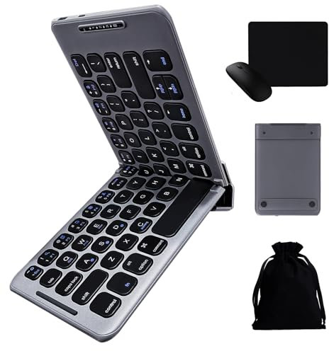 Miieadoo Portable Foldable Bluetooth Keyboard with Wireless Mouse – Portable Full-Size Keyboard Mouse Combo,Type-C Fast Charging, Compatible with iOS, Android, Windows, Mac