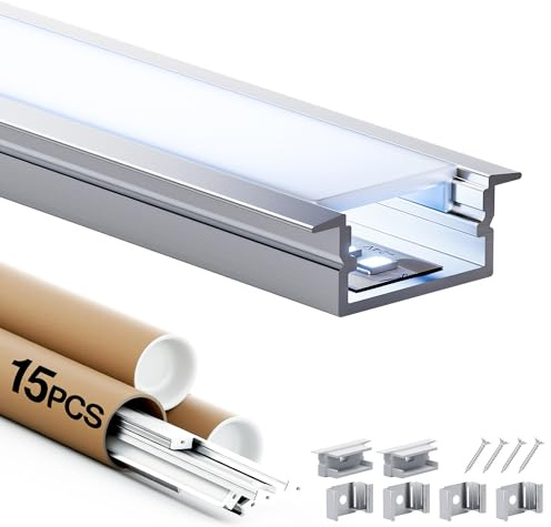 Shine Plus LED-Aluminiumprofil mit Rand, 2 m × 15 Stück, mit weißer PC-Abdeckung, Maße 19,3 mm × 9,8 mm, kompatibel mit LED-Streifen mit einer Breite von weniger als 20 mm.