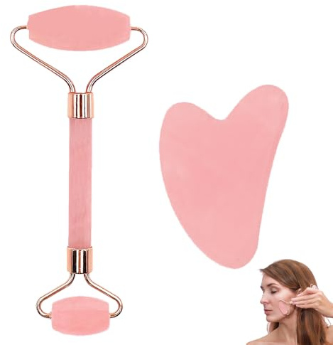 Lot de 2 rouleaux en quartz rose, rouleau pour le visage en quartz rose, Gua Sha Quartz rose, rouleau et pierre Gua Sha pour améliorer le gonflement des yeux