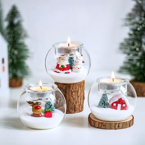 Hewory Christmas Table Decoration Candle Holders: Set of 3 Tealight Holders Xmas Decorations for Indoors Table Centrepiece Christmas Village Scene Ornaments for Home Decor (Snowman/Santa/Tree/Deer)