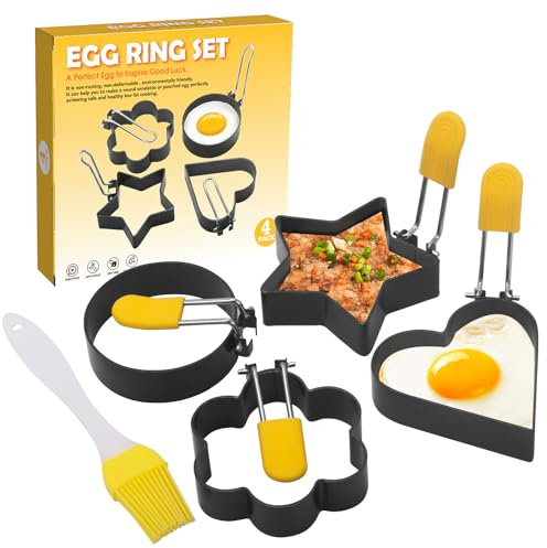 Lofez Spiegeleiform 4 Stück – Antihaft Eierringe aus Edelstahl mit Klappgriff & Silikonpinsel, Spiegeleierform für Pfanne, Pancakes, Sandwiches, Hackbraten