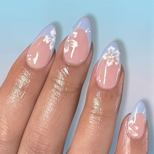 RUISPEED Press on Nägel 24 Stück, Blaue French Tip Mandel Nägel mit weißen Blumen, Glänzende Kunstnägel zum Aufkleben, Wiederverwendbare Falsche Nägel für Frauen und Mädchen
