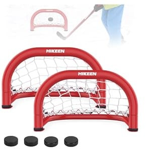 Hikeen 14×8 Inch Mini Hockey Goal, 2 Packs Hockey Goal with Durable Iron Frame & Nylon Net and 4 Hockey Pucks Can Withstand Powerful Shooting,Easy Setup Training Equipment for Accuracy Practice