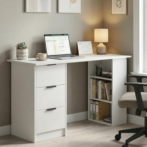 Home Source Phoenix 3 Drawer Computer Desk with Open Shelves, Home Office, 120W x 49D x 72H cm, Grey or White, Particleboard and MDF, Scratch-Resistant
