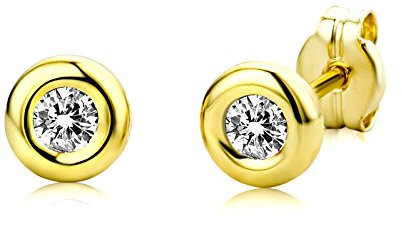 MIORE Schmuck, Ohrringe Damen, Ohrstecker Gold 375 9 Kt Gelbgold, Damenohrringe mit Solitär Zirkonia in Zargenfassung, goldene Ohrstecker Damen, Ohrschmuck
