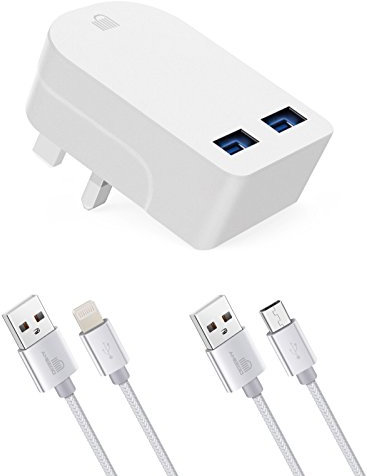 Ameego [3 piezas] 3A plegable doble USB Plug & High Life Span Cable Micro USB y iPhone Cable Compatible iPad Air Pro mini/iPhone X Max XR.5.6.7 8. Plus, y más dispositivos Micro y iPhone USB (Blanco)