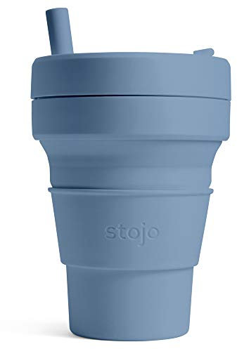 STOJO On-The-Go Biggie Faltbarer Kaffeebecher mit Deckel, 473 ml, wiederverwendbarer und faltbarer Silikon-Reisebecher, tragbar, Taschenformat, spülmaschinenfest, Stahlblau