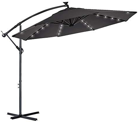 LZQ ALU Sonnenschirm Balkon Gartenschirm 350CM Terrassenschirm Marktschirm Ampelschirm Strandschirm Kurbelschirm mit UV Schutz 40+ für Garten, Terrasse, Balkon (Ø3.5M mit LED, Dunkelgrau