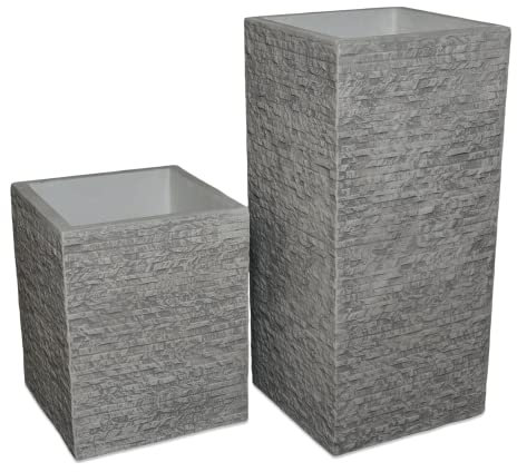 gartendekoparadies.de Zwei viereckige Pflanzkübel im Set Pflanzgefäß aus Steinguss, H. 71/41 cm, 48/24 Liter, 111 kg, Grau, frostsicher für Außenbereich