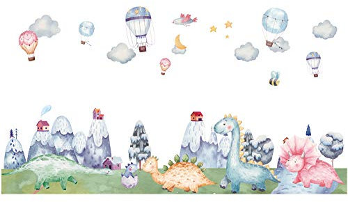 CreateHome® Aufkleber Dinosaurier für Kinderzimmer I 55 x 126 cm (BxH) I Junge Mädchen Heißluftballon Berge Wolken Wandaufkleber Wandbild Wandtattoo DIY Wandaufkleber Babyzimmer