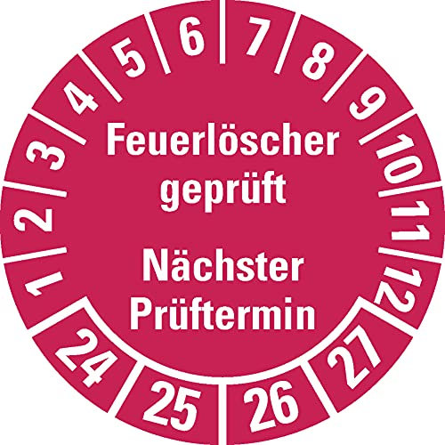 Aufkleber I Prüfplakette Feuerlöscher geprüft, Nächster Prüftermin, 24-27, rot, Dokumentenfolie, Ø 30mm, 18/Bogen