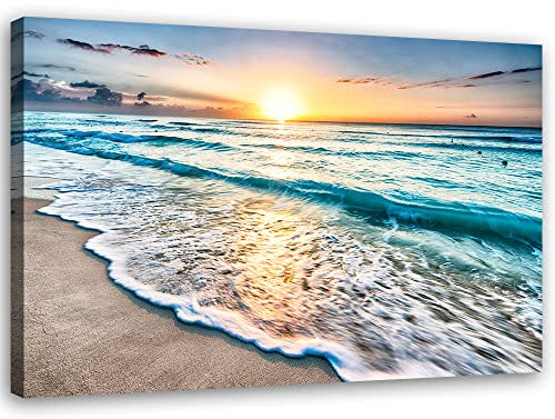 Feeby Vlies Leinwandbild Strand Wolken Meer Himmel 60x40 cm Wanddeko Design Kunstdruck Zimmerdeko Bilderwand Natur Wellen Sonnenuntergang Blau