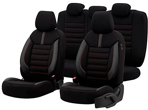 otoM Stoff/Leder Sitzbezüge 'Limited' Schwarz + Rote Nähten- 11-Teilig | universel - kompatibel mit Side-Airbags