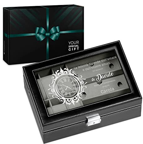 Maverton Scatola Porta Occhiali ed Orologi - 9 scomparti - 6 Orologi - 3 paia di Occhiali - in Similpelle Nera e Velluto Grigio - Personalizzato con Incisione - per uomo - Felicità
