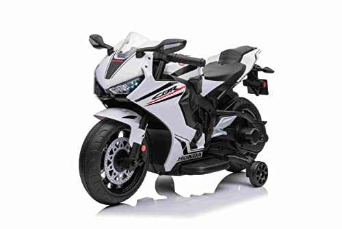 Kinder-Elektromotorrad 1000RR, lizenziert, 12V-Batterie, Kunstledersitz, Kunststoffräder, 30W-Motor, LED-Beleuchtung, Solider Rahmen, Hilfsräder, weiß